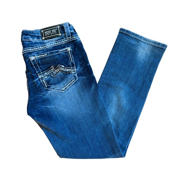 Miss Me Jeans Low Rise Rhinestone Embellishment Denim 29 x 30 Y2K 90s Straight - Picture 1 of 12